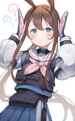  ? ?? absurdres alternate_costume amiya_(arknights) animal_ears arknights arms_up blue_archive blue_eyes blue_shirt blue_skirt blush brown_hair commentary cosplay female gloves hair_between_eyes highres long_hair long_sleeves looking_at_viewer miyako_(blue_archive) miyako_(blue_archive)_(cosplay) neckerchief pink_gloves pink_neckerchief pleated_skirt ponytail puffy_long_sleeves puffy_sleeves rabbit_ears sailor_collar shirt sidelocks simple_background skirt solo somray very_long_hair white_background white_sailor_collar 