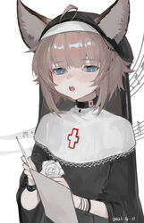  :o absurdres ahoge alternate_costume animal_ear_fluff animal_ears arknights beamed_eighth_notes blue_eyes blush brown_hair dated ears_through_headwear eighth_note female flower habit half-closed_eyes highres holding infection_monitor_(arknights) long_sleeves looking_at_viewer musical_note nun open_mouth quarter_note rose simple_background solo sussurro_(arknights) teeth traditional_nun treble_clef upper_body upper_teeth_only veil white_background white_flower white_rose wide_sleeves yumingtongxue 