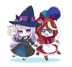  2girls :d animal_ears animal_hood apron balloon black_dress black_footwear blue_eyes blue_flower blue_gloves blush boots bow brown_hair capelet chibi closed_mouth collarbone colored_shadow commentary_request dress fake_animal_ears flower frilled_apron frilled_skirt frills gloves hat holding holding_balloon holding_hands hood hood_up hooded_capelet horse_ears horse_girl horse_hood horse_tail long_hair long_sleeves mejiro_mcqueen_(umamusume) multicolored_hair multiple_girls nozo_(hitomiz) purple_bow purple_eyes purple_footwear purple_hair purple_skirt red_capelet shadow shirt short_eyebrows skirt smile standing standing_on_one_leg streaked_hair tail teeth thick_eyebrows tokai_teio_(umamusume) umamusume upper_teeth_only waist_apron white_apron white_background white_shirt witch witch_hat wrist_cuffs 