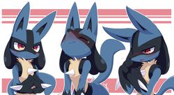  2020 3_fingers absurd_res ambiguous_gender anthro blue_body blue_fur blush bodily_fluids closed_eyes cum ejaculation fingers fur generation_4_pokemon genital_fluids half-closed_eyes hi_res lucario multiple_poses narrowed_eyes nintendo offscreen_sex open_mouth orgasm orgasm_face pokemon pokemon_(species) pose solo spikes sweat syuya 