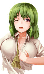  absurdres ascot bad_id bad_twitter_id breasts cleavage collared_shirt commentary_request female green_hair highres kamiya_ueshi kazami_yuuka large_breasts one_eye_closed open_mouth red_eyes shirt short_hair short_sleeves solo teeth touhou uncomfortable undressing unfinished upper_body upper_teeth_only white_shirt yellow_ascot 