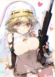  :&gt; atsumi_jun blush braid breasts bridal_gauntlets brown_eyes brown_hair cleavage closed_mouth cross female gun h&amp;k_psg1 habit heart highres holding holding_gun holding_weapon i_wish_to_become_a_summoner juice_(i_wish_to_become_a_summoner) large_breasts long_hair nun rifle scope sniper_rifle solo thigh_gap thighhighs very_long_hair weapon white_thighhighs 