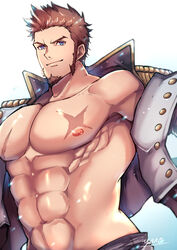  1boy abs absurdres bara bare_pectorals blue_eyes brown_hair brown_pants cross_scar epaulettes facial_hair fate/grand_order fate_(series) fringe_trim goatee highres jacket large_pectorals leather leather_jacket long_sideburns long_sleeves looking_at_viewer male_focus mature_male muscular muscular_male napoleon_bonaparte_(fate) navel nipples no_shirt open_clothes open_jacket pants pectorals scar scar_on_chest shiny_skin short_hair sideburns smile solo stomach upper_body yani_(yano_023) 