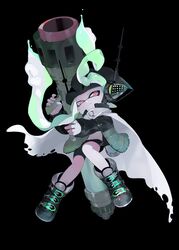  aqua_hair bad_id bad_pixiv_id bicycle_helmet bike_shorts black_background cape closed_mouth female full_body headphones helmet highres ink_tank_(splatoon) inkling inkling_girl inkling_player_character inkzooka_(splatoon) long_sleeves pink_eyes simple_background single_vertical_stripe sleeves_past_wrists solo splatoon_(series) splatoon_2 splatoon_2:_octo_expansion squidbeak_splatoon torn_cape torn_clothes urutora white_cape 