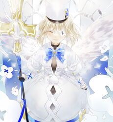  absurdres angel_wings azur_lane blonde_hair blue_bow blue_bowtie blue_ribbon blush bodystocking bow bowtie breasts capelet check_commentary closed_eyes closed_mouth commentary_request crosier cross dress earrings eyepatch facing_viewer feathered_wings female flower flower_eyepatch gauntlets gloves hat highres holding holding_staff holding_weapon jewelry kepi le_terrible_(azur_lane) long_sleeves md5_mismatch medium_hair military_hat mole mole_under_eye neck_ribbon one_eye_covered ribbon small_breasts smile solo staff standing tanxing_jiu vambraces weapon white_capelet white_dress white_hat white_wings wings 