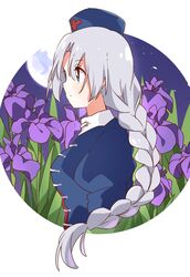  blue_eyes braid circle closed_mouth expressionless female floral_background flower from_side full_moon grey_hair highres iris_(flower) long_hair moon namori_(style) night profile purple_flower sasaki_sakiko single_braid solo touhou very_long_hair yagokoro_eirin 