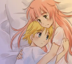  1boy age_difference bed blonde_hair blue_eyes blush cuddling dress female green_eyes hug jinrui_wa_suitai_shimashita joshu-san long_hair lying mutual_hug on_side pink_hair short_hair watashi_(jintai) yayoi7 