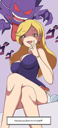  bead_bracelet beads beauty_(pokemon) blonde_hair bracelet breasts brown_eyes character_mask commentary crossed_legs disguise earrings english_commentary english_text everstone eyelashes female from_below gengar haunter highres jewelry knees laughing long_hair looking_at_viewer mask photoshop_(medium) pokemon pokemon_(creature) pokemon_dppt simple_background sitting smug text_focus vest vivivoovoo 