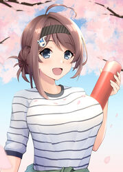  ahoge black_hairband blue_eyes blush bottle breasts brown_hair cherry_blossoms chougei_(kancolle) day female hair_bun hair_ornament hairband highres holding kantai_collection kodama_(mmt_uf) large_breasts looking_at_viewer official_alternate_costume open_mouth outdoors petals shirt single_hair_bun solo striped_clothes striped_shirt upper_body water_bottle 