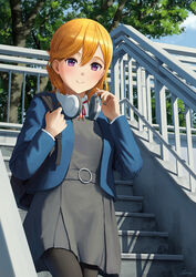  backpack bad_id bad_pixiv_id bag black_bag black_pantyhose blazer blue_jacket closed_mouth commentary dress female grey_dress headphones headphones_around_neck headphones_removed highres jacket long_sleeves looking_at_viewer love_live! love_live!_superstar!! medium_hair neck_ribbon open_clothes open_jacket orange_hair outdoors pantyhose papi_(papiron100) purple_eyes red_ribbon ribbon school_uniform shibuya_kanon smile solo yuigaoka_school_uniform 