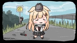  2girls black_ribbon black_serafuku black_skirt blonde_hair chibi closed_eyes commentary_request deerstalker detective_pikachu detective_pikachu_(movie) hair_flaps hair_ornament hair_ribbon hairclip hat kantai_collection long_hair multiple_girls neckerchief parody pleated_skirt poipoi_purin pokemon red_neckerchief ribbon road scarf school_uniform serafuku shigure_(kancolle) shigure_kai_ni_(kancolle) sign skirt solo_focus torpedo white_scarf wrinkled_frown_(detective_pikachu) yuudachi_(kancolle) yuudachi_kai_ni_(kancolle) 