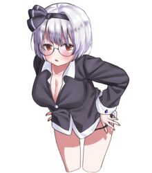  :o adapted_costume artist_request bad_id bad_pixiv_id black_hairband black_pajamas black_panties black_ribbon bob_cut breasts cleavage commentary_request commission cowboy_shot cropped_legs eyelashes female glasses grey_hair hair_ribbon hairband konpaku_youmu korean_commentary leaning_forward long_sleeves looking_at_viewer medium_breasts nightshirt no_pants open_mouth pajamas panties red-framed_eyewear red_eyes ribbon round_eyewear second-party_source short_hair simple_background sleepwear standing touhou underwear undressing white_background 