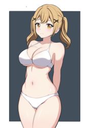  absurdres arms_behind_back bang_dream! bare_arms bare_shoulders bikini blonde_hair blush border breasts cameltoe cleavage closed_mouth collarbone commentary cowboy_shot english_commentary female grey_background hair_ornament halterneck highres ichigaya_arisa large_breasts looking_at_viewer medium_hair mnkr98 navel outside_border paid_reward_available simple_background solo stomach swimsuit twintails underboob white_bikini white_border x_hair_ornament yellow_eyes 