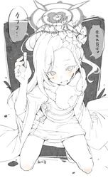  arm_up artist_name asymmetrical_hair bare_legs blue_archive blush commentary eyelashes female flower forehead full_body fur_scarf grey_background grin hair_bun hair_flower hair_ornament halo highres holding holding_pen japanese_clothes kimono kneeling long_hair long_sleeves looking_at_viewer monochrome mutsuki_(blue_archive) mutsuki_(new_year)_(blue_archive) obi obijime official_alternate_costume pen sash scarf simple_background single_hair_bun smile solo translated tsurime white_background wide_sleeves youguo_naberu 