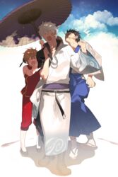  &gt;_&lt; 2boys absurdres angry black_hair clenched_hand cloud d: dx face_punch female gintama highres holding holding_umbrella in_the_face japanese_clothes kagura_(gintama) kimono multiple_boys orange_hair punching sakata_gintoki sennen_suisei shared_umbrella shimura_shinpachi short_hair sky umbrella white_hair wide_sleeves 