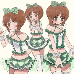  @_@ alternate_costume arm_behind_back armband blush bow breasts brown_eyes brown_hair cleavage closed_mouth criss-cross_halter cropped_shirt female frilled_armband frilled_shirt frilled_skirt frills frown girls_und_panzer green_bow green_skirt groin hairbow halterneck highres idol looking_at_viewer medium_breasts microskirt midriff multiple_views navel nishizumi_miho off-shoulder_shirt off_shoulder one_eye_closed open_mouth ri_(qrcode) shirt short_hair simple_background skirt smile standing sweatdrop thighhighs waving white_background white_thighhighs 