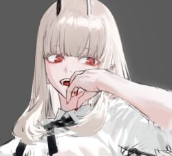  bad_id bad_twitter_id blonde_hair blunt_bangs collared_shirt eyeliner fangs female grey_background hand_up hirota_tsuu horns long_hair looking_at_viewer makeup original red_eyes shirt simple_background smile solo upper_body white_shirt wing_collar 