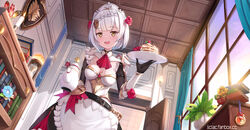  :d artist_name ascot belt black_gloves blunt_bangs book bookshelf braid breasts candle cleavage female flower food genshin_impact gloves hair_flower hair_ornament hourglass indoors liclac lighter-than-air_pancake_(genshin_impact) looking_at_viewer maid medium_breasts noelle_(genshin_impact) open_mouth pancake pancake_stack plant plate potted_plant red_ascot shield smile solo standing teapot watermark web_address white_hair white_headwear window yellow_eyes 