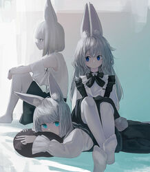  3girls animal_ear_fluff animal_ears bare_shoulders black_bow black_skirt black_vest blue_eyes bow closed_mouth commentary covered_mouth grey_hair highres knees_up long_hair long_sleeves looking_at_viewer lying md5_mismatch multiple_girls no_shoes on_stomach original pantyhose profile puffy_long_sleeves puffy_sleeves rabbit_ears rabbit_girl rabbit_tail resolution_mismatch shirt short_hair sitting skirt smile source_larger tail timitarcat very_long_hair vest white_hair white_legwear white_shirt 