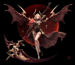  absurdres arm_up armor black_background black_footwear black_gloves black_skirt black_wings blonde_hair breasts cleavage demon_girl demon_tail elbow_gloves fantasy female full_body garter_straps gloves highres holding holding_scythe horns lizchief looking_at_viewer medium_breasts moon original parted_lips pencil_skirt red_eyes red_moon scythe short_hair skirt skull solo tail tassel wings 