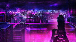  absurdres animal_ears arm_support black_hair black_thighhighs building cat_ears cityscape colorful commentary english_commentary facing_away fake_animal_ears feet_out_of_frame female highres long_sleeves neon_trim night night_sky original outdoors purple_shirt purple_shorts shirt short_shorts shorts sitting sky skyscraper sleeves_past_wrists solo tarbo_(exxxpiation) thighhighs 