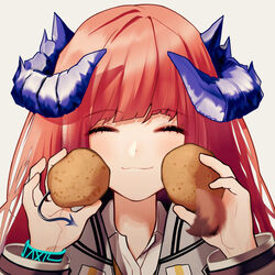  ^_^ arknights bagpipe_(arknights) blush closed_eyes commentary_request facing_viewer female food fox_tail franka_(arknights) grey_background holding holding_food horns korean_commentary liskarm_(arknights) long_hair orange_hair portrait potato runamonet simple_background solo tail 