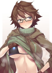  aussa_(yu-gi-oh!) aussa_the_earth_charmer blush breasts brown_cloak brown_eyes brown_hair brown_ribbon cloak closed_mouth commentary_request duel_monster female glasses green_sweater highres large_breasts lifting_own_clothes looking_at_viewer messy_hair navel neck_ribbon nukkoru ribbed_sweater ribbon short_hair simple_background solo steaming_body sweat sweater turtleneck turtleneck_sweater upper_body yu-gi-oh! 