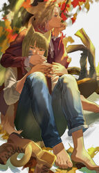  2boys animal_ears ankle_boots arm_around_shoulder ascot autumn autumn_leaves bad_id bad_pixiv_id bandaid bandaid_on_cheek bandaid_on_face barefoot blonde_hair blue_pants blunt_bangs blurry blurry_background boots braid brown_footwear cat_ears cat_tail collared_shirt commentary cross-laced_footwear cross_scar denim ears_down fingernails french_braid ginkgo_leaf green_eyes half-closed_eyes hand_on_another&#039;s_face hand_on_another&#039;s_mouth hand_on_own_chin head_rest highres index_finger_raised interlocked_fingers jacket jeans knees_up lace-up_boots leaf long_sleeves looking_afar looking_at_viewer looking_away male_focus multiple_boys own_hands_together pants profile purple_eyes red_jacket rook_hunt sawataki scar scar_on_cheek scar_on_face shirt sitting sleeves_pushed_up straight_hair tail thigh_boots thighhighs twisted_wonderland unworn_boots vest vil_schoenheit white_background white_shirt 