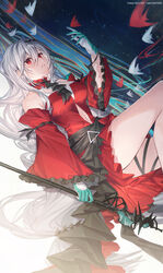  arknights bare_shoulders black_sash breasts clothing_cutout commentary coyucom detached_sleeves dress female fish hair_between_eyes hand_up highres holding holding_staff long_hair long_sleeves medium_breasts navel navel_cutout no_headwear official_alternate_costume parted_lips red_dress red_eyes sash short_dress skadi_(arknights) skadi_the_corrupting_heart_(arknights) solo staff thighs very_long_hair white_hair wide_sleeves 