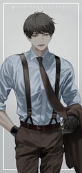  1boy belt belt_buckle black_hair blackbox_(blackbox9158) brown_gloves brown_necktie buckle collared_shirt gloves grey_background hands_in_pockets kim_dokja looking_afar male_focus necktie omniscient_reader&#039;s_viewpoint shirt short_hair sleeves_rolled_up smile solo suspenders wing_collar 