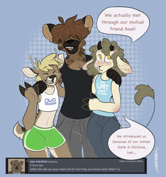  anthro axel_(bucklucky) billie_(bucklucky) black_nose blonde_hair blue_clothing blue_topwear bottomwear bovid brown_body brown_fur brown_hair caprine chest_tuft closed_eyes clothed clothing deer dotted_background english_text facial_spots front_view fur goat green_bottomwear green_clothing grey_bottomwear grey_clothing grey_pants grin group hair hi_res hyena lucky_(bucklucky) male mammal navel new_world_deer no_pupils pants pattern_background scut_tail short_hair short_tail simple_background smile spotted_face standing tail tail_tuft tan_body tan_fur text topwear trans_(lore) trans_man_(lore) trio tuft white-tailed_deer white_clothing white_topwear yellow_eyes 