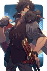  1boy alternate_costume animal belt black_dog black_gloves black_hair black_pants black_vest brown_belt brown_eyes buttons canine cigarette collared_shirt commentary_request dual_wielding echo_(circa) facial_hair fate/grand_order fate_(series) fingerless_gloves formal gloves grey_shirt hair_over_one_eye holding holding_clothes holding_jacket jacket katana koha-ace long_hair looking_at_viewer male_focus messy_hair mouth_hold official_alternate_costume okada_izou_(dog)_(fate) okada_izou_(fate) okada_izou_(i&#039;m_one_dapping_fella)_(fate) on_shoulder one_eye_covered pants ponytail sheath sheathed shirt sleeves_rolled_up smile sword teeth tongue tongue_out translation_request vest weapon 