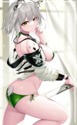  absurdres animal_ear_fluff animal_ears arknights ass bare_shoulders bikini breasts cat_ears clipboard commentary female green_bikini green_eyes grey_hair hand_up highres indoors izulizuru kal&#039;tsit_(arknights) large_breasts long_sleeves looking_at_viewer material_growth off_shoulder oripathy_lesion_(arknights) short_hair side-tie_bikini_bottom solo star_of_life stethoscope swimsuit thighs 