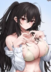  4-fingers_heart_hands absurdres azur_lane bikini black_hair blush breasts cleavage female heart heart_hands highres huge_breasts looking_at_viewer official_alternate_costume one_side_up open_clothes open_shirt red_eyes shirt solo swimsuit taihou_(azur_lane) taihou_(seaside_daydreams)_(azur_lane) ueyama_0clock upper_body white_shirt yellow_bikini 