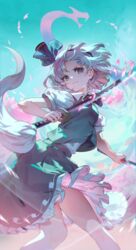  arm_at_side ascot cherry_blossoms closed_mouth clothes_lift collared_shirt commentary cowboy_shot dual_wielding female frilled_skirt frills green_skirt green_vest grey_eyes hairband highres holding holding_sword holding_weapon katana konpaku_youmu konpaku_youmu_(ghost) petals puffy_short_sleeves puffy_sleeves purple_eyes shirt short_hair short_sleeves skirt skirt_lift sky solo sword tassel touhou twisted_torso u_u_zan upskirt v-shaped_eyebrows vest wakizashi weapon white_hair wily_beast_and_weakest_creature wind 