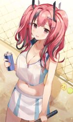  animal azur_lane bad_id bad_pixiv_id bare_arms bare_shoulders bird bottle breasts bremerton_(azur_lane) bremerton_(scorching-hot_training)_(azur_lane) chain-link_fence chick cleavage commentary cowboy_shot crop_top crop_top_overhang female fence hair_ornament hairclip holding jewelry large_breasts long_hair looking_at_viewer manjuu_(azur_lane) midriff miniskirt multicolored_hair navel necklace official_alternate_costume open_mouth pink_eyes pleated_skirt red_hair shadow shaffelli shirt skirt sleeveless sleeveless_shirt smile solo standing stomach twintails two-tone_hair white_shirt white_skirt 