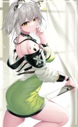  absurdres animal_ear_fluff animal_ears arknights ass bare_shoulders breasts cat_ears clipboard commentary dress female green_dress green_eyes grey_hair hand_up highres indoors izulizuru kal&#039;tsit_(arknights) large_breasts long_sleeves looking_at_viewer material_growth off_shoulder oripathy_lesion_(arknights) pencil_dress short_dress short_hair solo star_of_life stethoscope thighs 