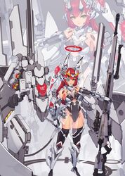  absurdres armor breasts cleavage covered_navel english_commentary eyepatch female green_eyes gun gundam gundam_unicorn halo highres holding holding_gun holding_knife holding_weapon horns huge_weapon knife leotard long_hair mechanical_halo medium_breasts metal_eyepatch one_eye_covered red_hair rifle science_fiction skindentation sniper_rifle solo standing syaha thighhighs unicorn_gundam v-fin weapon zoom_layer 