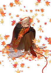  1boy akahito_(genshin_impact) book genshin_impact hair_between_eyes highres holding japanese_clothes kaedehara_kazuha leaf leaf_print long_sleeves male_focus maple_leaf multicolored_hair paintbrush paper ponytail red_eyes red_legwear signature simple_background sitting solo streaked_hair white_background white_hair wide_sleeves wraaa03 