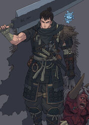  1boy alternate_costume alternate_hairstyle armor baggy_pants berserk character_request creature damaged decapitation dou extra_faces feet_out_of_frame frown guillem_dauden guts_(berserk) highres japanese_armor kote kurokote kusazuri looking_at_viewer male_focus muscular muscular_male over_shoulder pants pants_tucked_in ponytail puck_(berserk) same-hada samurai scar scar_on_face scar_on_nose sheath sheathed shoulder_armor sode solo_focus sword sword_over_shoulder thick_eyebrows tied_hair toned toned_male unfinished wakizashi weapon weapon_over_shoulder 