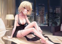  anklet armlet ass bad_id bad_pixiv_id barefoot bed_sheet black_bra black_dress blonde_hair blush bra bracelet breasts chirang cleavage collarbone commentary commission couch cream_(cream) crossed_ankles curtains cushion dress earrings female highres hotel indoors jewelry knees_up lamp large_breasts looking_at_viewer mole mole_under_eye night on_bed original pearl_bracelet pillow plant red_eyes short_hair sitting solo symbol-only_commentary thighlet thighs underwear window wristlet 