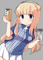  artist_name barcode_scanner blonde_hair box breasts cashier cowboy_shot double_bun employee_uniform female fletcher_(kancolle) grey_background hair_bun hairband highres kantai_collection large_breasts lawson long_hair one-hour_drawing_challenge purple_eyes shirt skirt smile store_clerk striped_clothes striped_shirt uniform vertical_stripes white_skirt zetz 