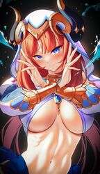  absurdres black_background blue_eyes blush breasts brooch closed_mouth fake_horns female genshin_impact hands_up highres horns jewelry kook large_breasts long_hair looking_at_viewer navel nilou_(genshin_impact) orange_hair smile water white_headwear 