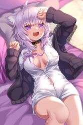  ahoge ako_suke animal_ear_fluff animal_ears cat_ears cat_girl female highres hololive nekomata_okayu nekomata_okayu_(oversized_shirt) official_alternate_costume open_mouth purple_eyes purple_hair skirt solo virtual_youtuber 