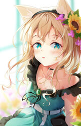  animal_ear_fluff animal_ears arknights bare_shoulders belt black_choker black_headband blue_dress blue_eyes blurry blurry_background blush breasts chinese_commentary choker collarbone commentary_request cowboy_shot double-parted_bangs dress female flower frilled_dress frills green_brooch hair_flower hair_ornament headband hzs_yumu long_hair looking_at_viewer medium_breasts parted_lips podenco_(arknights) podenco_(wake_up_from_a_nap)_(arknights) pouch solo white_belt window 