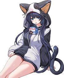  animal_hood arknights arm_support black_hair blaze_(arknights) blue_eyes blush bottle breasts cat_girl cat_hood cat_tail cbmus commentary_request drawstring drinking eyebrows_hidden_by_hair feet_out_of_frame female hairband hood hood_up large_breasts leaning_back long_hair long_sleeves looking_at_viewer milk_bottle no_pants official_alternate_costume open_mouth red_hairband simple_background sitting solo tail thighs two-tone_hoodie very_long_hair white_background 