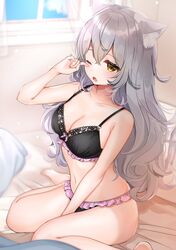  ;o animal_ear_fluff animal_ears barefoot between_legs black_bra black_panties bow bow_bra bra breasts cat_ears cleavage collarbone commentary day female frilled_bra frilled_panties frills grey_hair hand_between_legs highres indoors katsushika_pachi lace lace-trimmed_bra lace_trim long_hair medium_breasts navel oerba_yun_fang one_eye_closed original panties rubbing_eyes sitting skin_fang sleepy solo underwear underwear_only waking_up wariza window yellow_eyes 