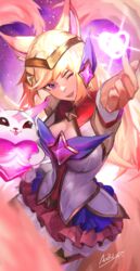  absurdres ahri_(league_of_legends) animal_ears artist_name az&#039;ruler bare_shoulders blonde_hair breasts brooch detached_sleeves familiar female finger_heart fox_ears fox_girl fox_tail heart highres jewelry league_of_legends long_hair magical_girl medium_breasts official_alternate_costume one_eye_closed pink_nails purple_eyes skirt smile star_brooch star_guardian_(league_of_legends) star_guardian_ahri star_guardian_pet tail thighhighs 