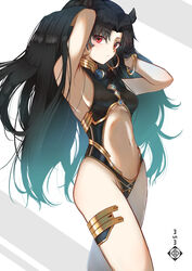  absurdres armpits arms_behind_head arms_up bad_id bad_pixiv_id bare_shoulders black_hair black_leotard blush bracelet breasts center_opening commentary_request earrings fate/grand_order fate_(series) female gold_trim highres hoop_earrings ishtar_(fate) jewelry leotard long_hair looking_at_viewer medium_breasts navel parted_bangs red_eyes saco_(cgmore) solo thighs two_side_up 