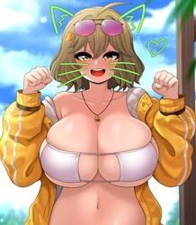  absurdres ahoge anis_(nikke) anis_(sparkling_summer)_(nikke) bikini blue_sky breasts brown_hair cleavage clenched_hand cloud cloudy_sky collarbone day eyepatch_bikini eyewear_on_head female goddess_of_victory:_nikke hair_between_eyes highres jacket jewelry large_breasts looking_at_viewer medium_hair navel necklace open_clothes open_jacket open_mouth outdoors paw_pose sky smile solo sunglasses swimsuit teeth the_only_shoe tongue upper_body upper_teeth_only white_bikini 